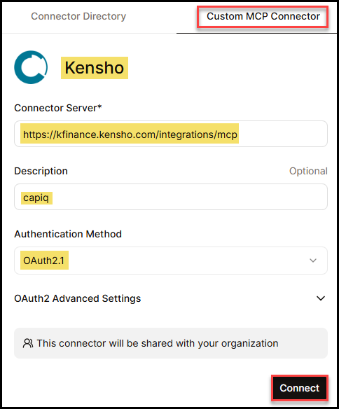 Custom MCP Connector configuration
