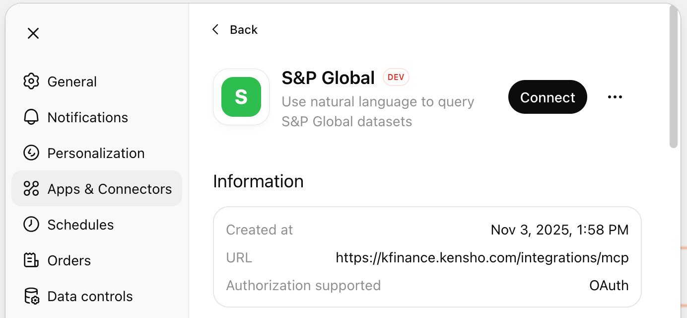 ChatGPT S&P Global MCP Connector Connect Button in Apps & Connectors