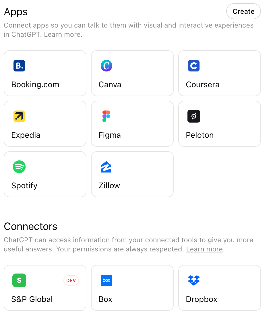 ChatGPT Apps & Connectors connectors with S&P Global available