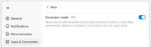 ChatGPT Developer Beta Settings