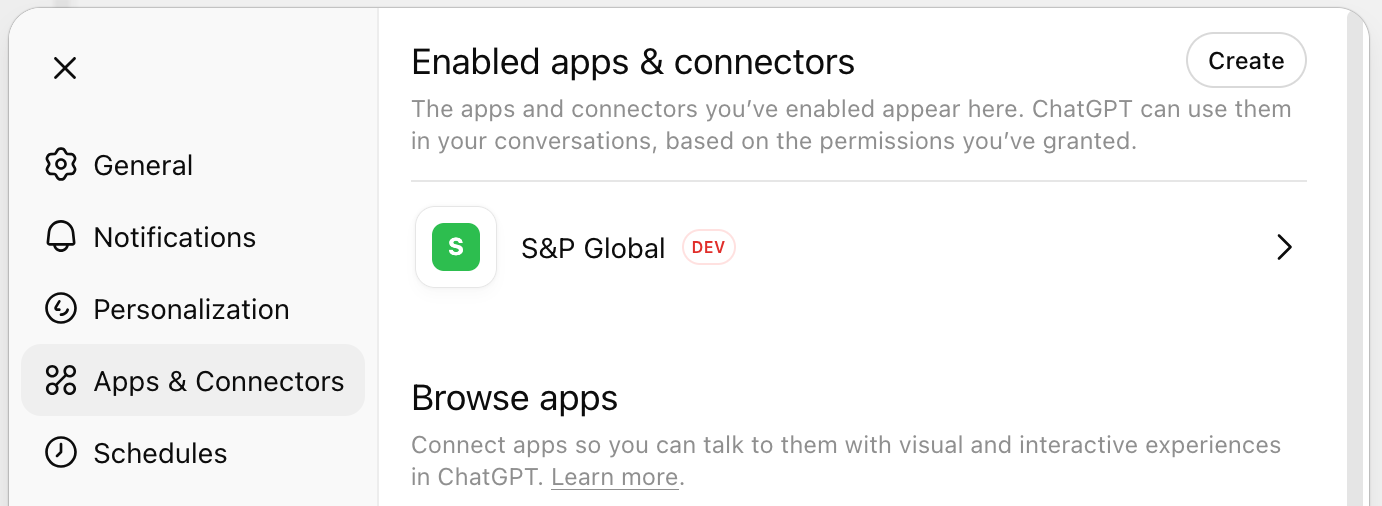 ChatGPT Apps & Connectors with S&P Global S&P Global Connector Enabled