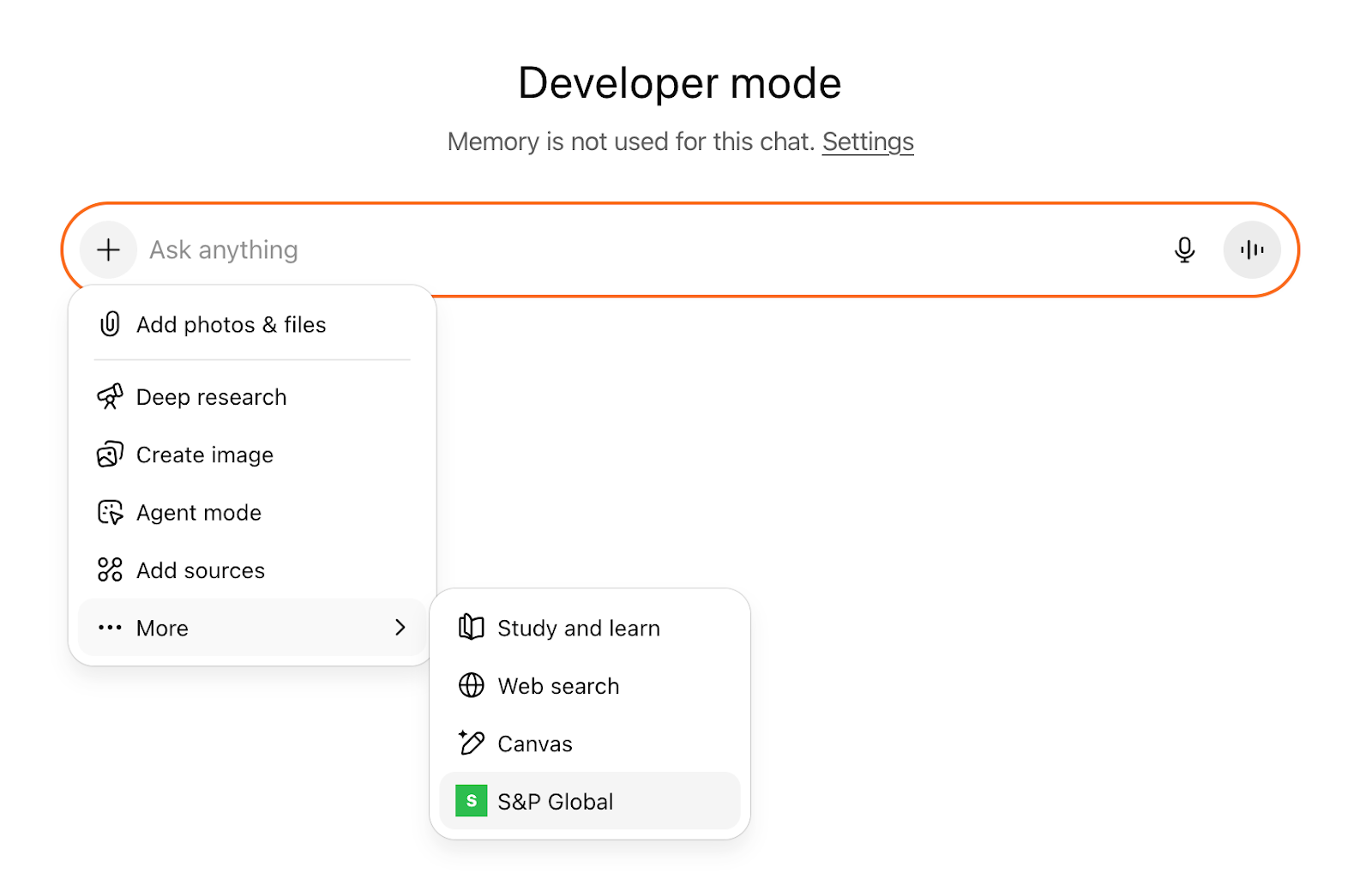 ChatGPT Chat Interface Location of S&P Global Connector