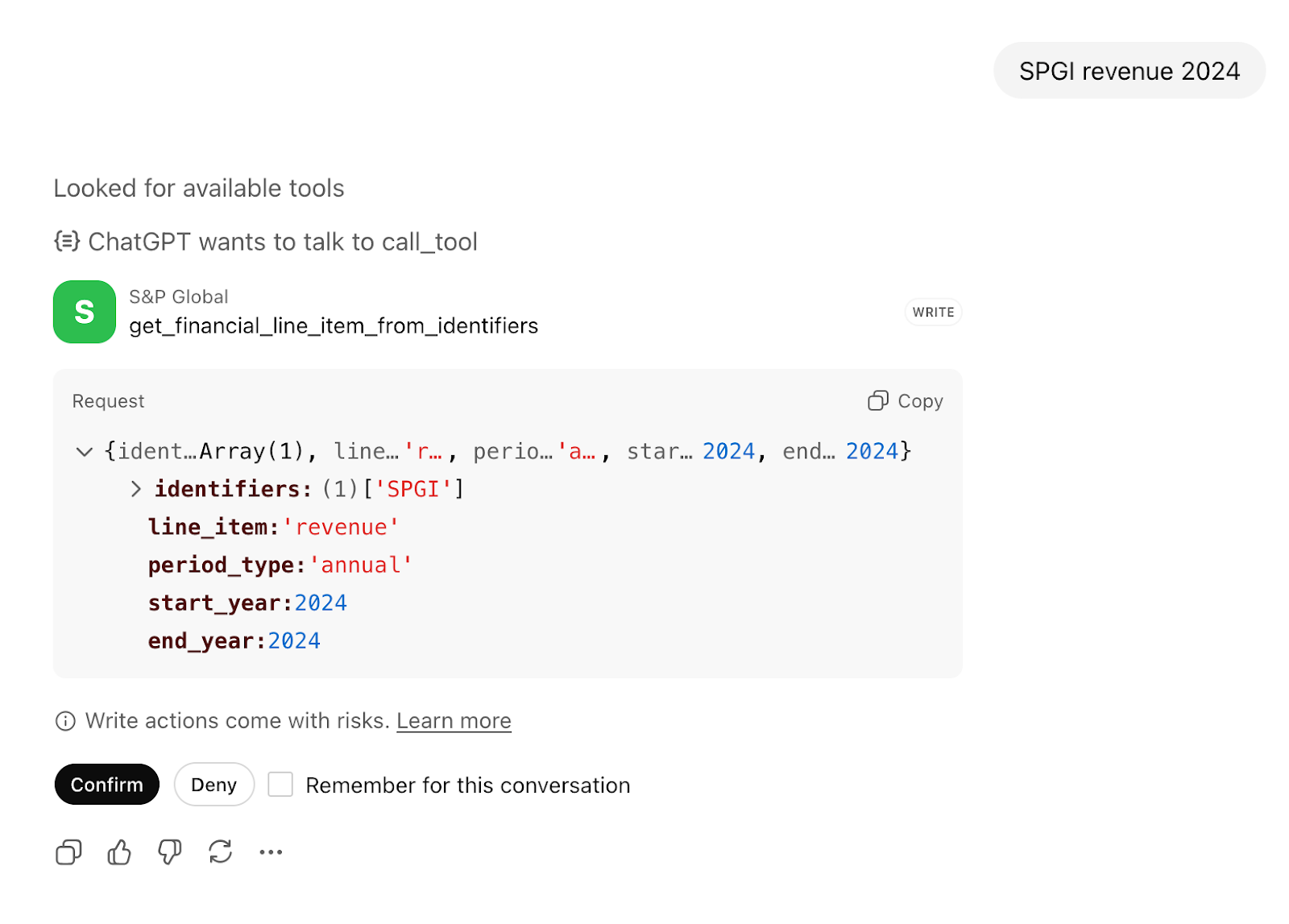 ChatGPT Call of S&P Global Tool Call